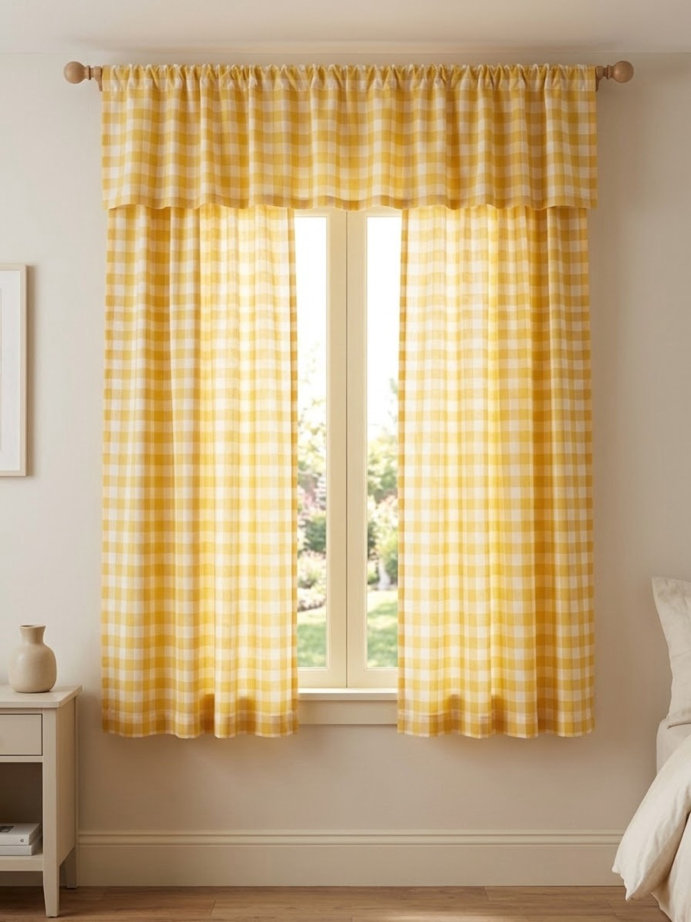 Vintage Yellow & White Gingham Window Curtains (2) Century Cottage Farmhouse